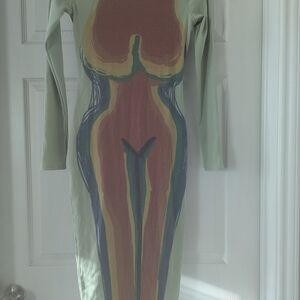 Multicolor Long Sleeve Bodycon Dress Nnt Size M Ribbed Knitt Material